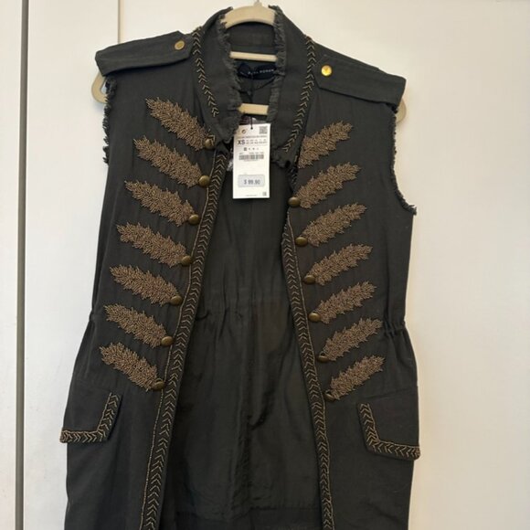 Zara Gold Beaded Military Vest, NWT, Olive Green, Size XS - Picture 5 of 13